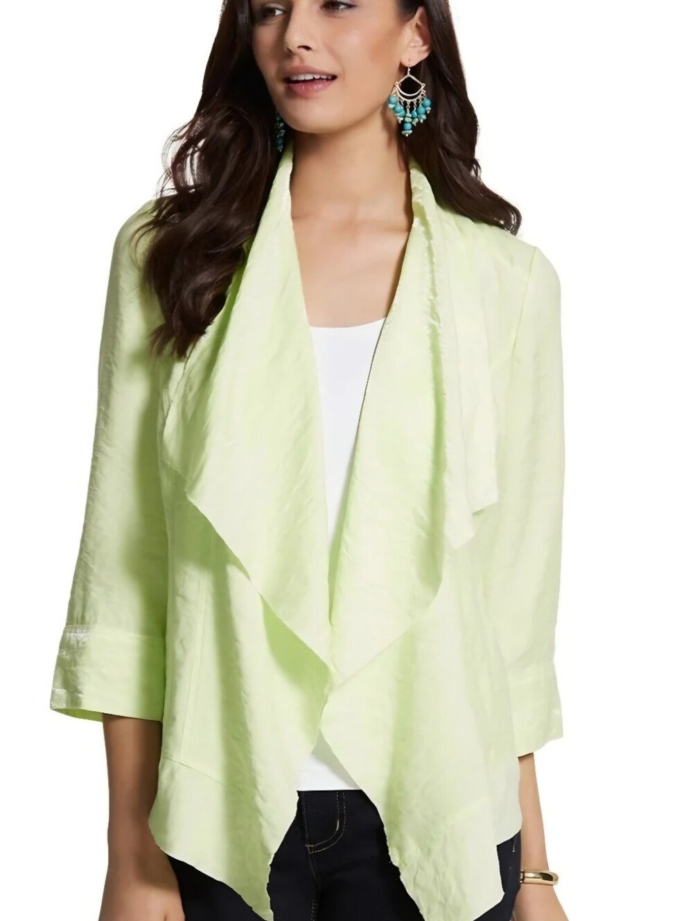 CHICO'S Lime Green Shimmer Open Front Asymetrical Handkerchief Cardigan Womens L